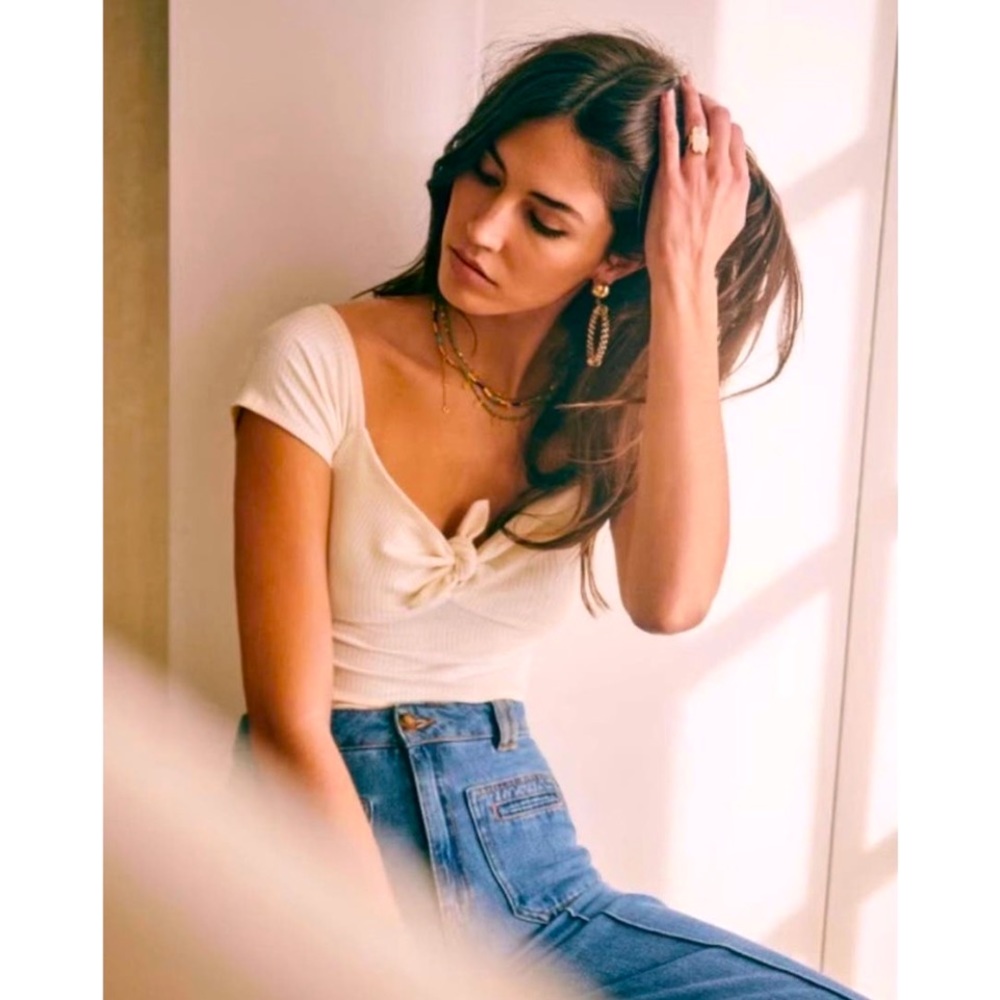 Sézane Cara Cream Ribbed Top M